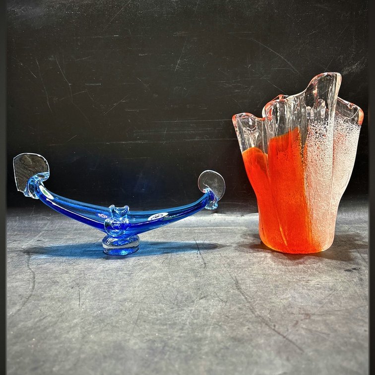 Art Glass Pieces: Ruffled Vase and Blue Dish