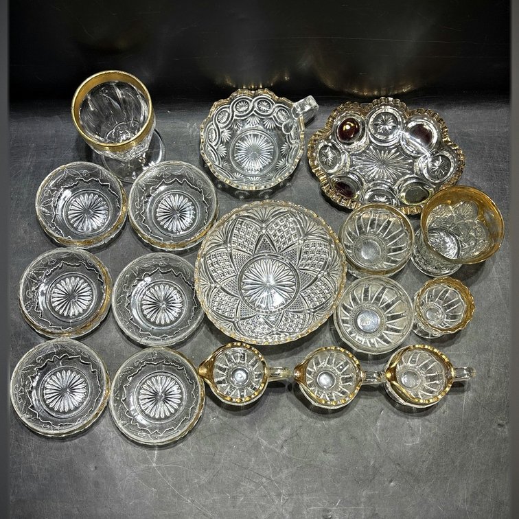 Pressed Glass Tableware Assortment with Gold and Red Cold Painted Trim
