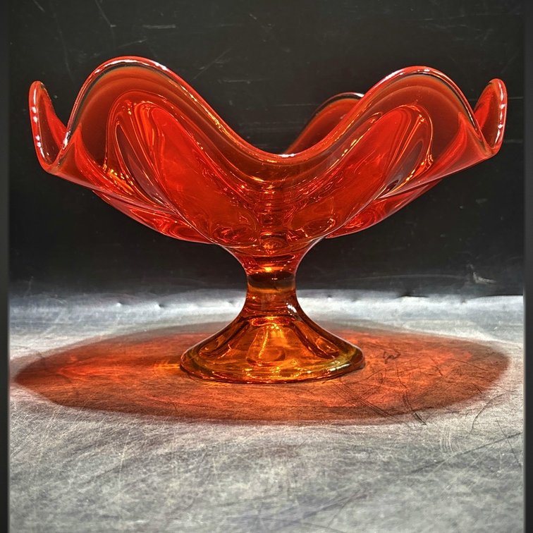 Orange Art Glass Pedestal Compote, 6” Tall