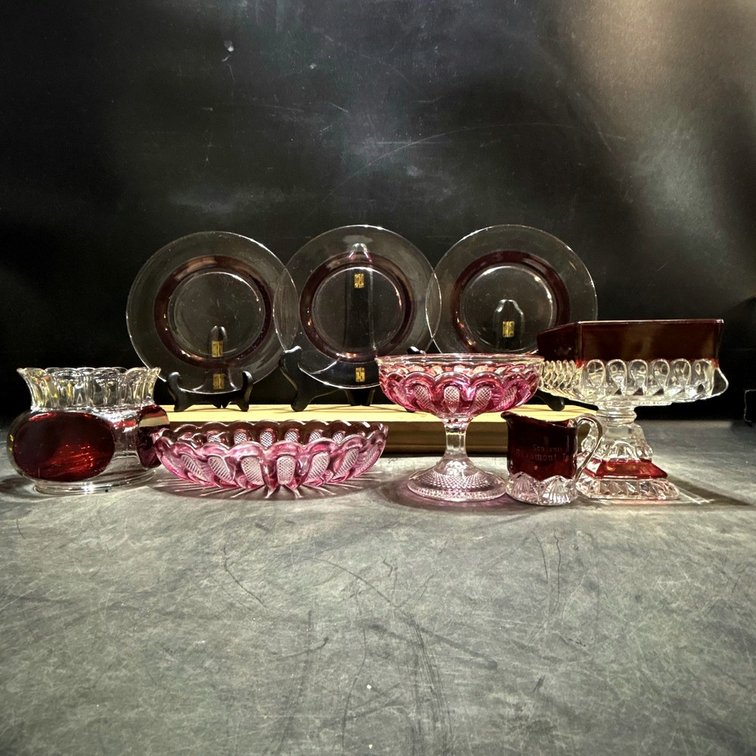Pressed Glass Tableware with Red Cold Paint