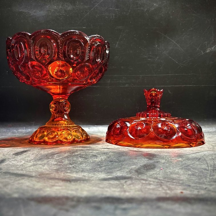 Amberina Glass Compote With Lid, 12" Tall