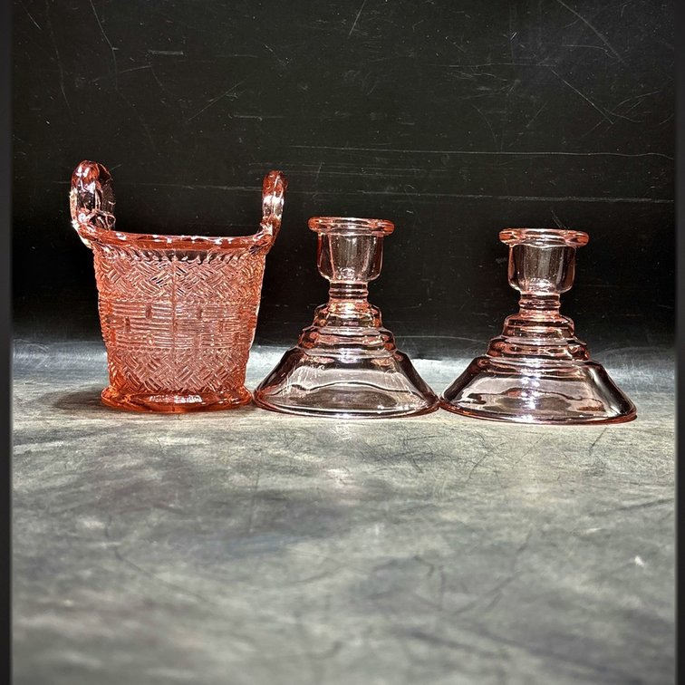 Rose Tinted Glass Basket and Candle Holders Set