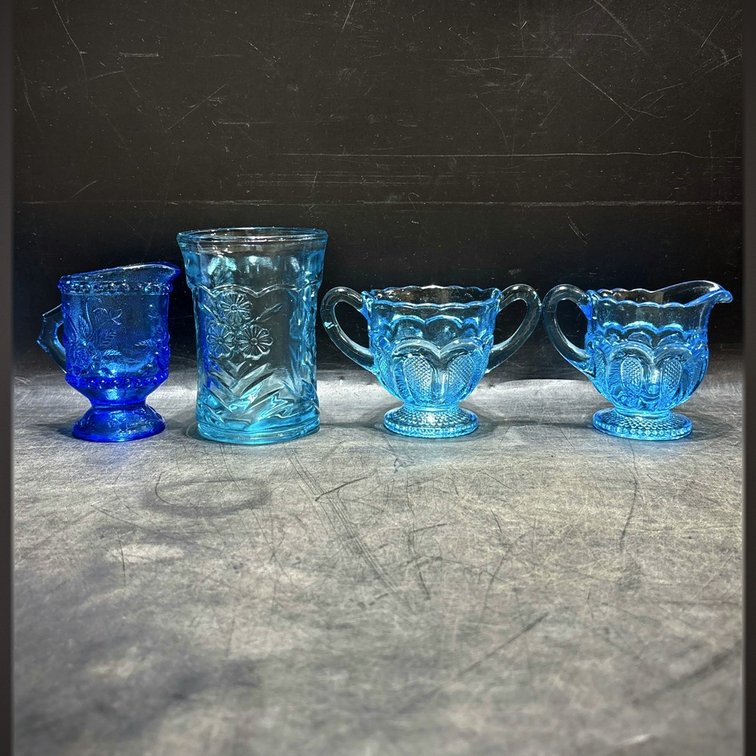 Four Blue and Uranium Glass Tableware Pieces