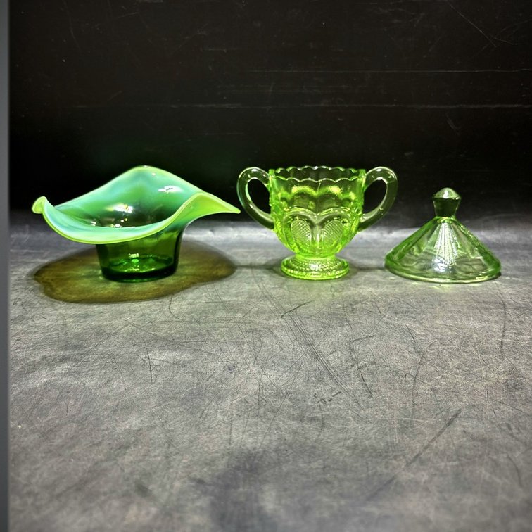 Uranium Glass Cup, Lid, and Flared Vase Set