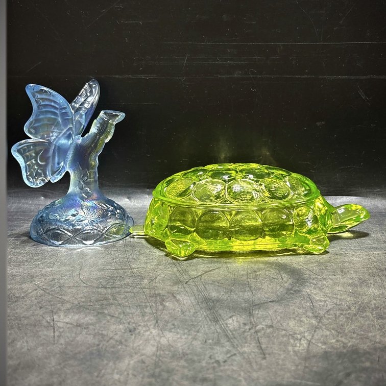 Fenton Blue Iridescent Glass Butterfly and Uranium Glass Turtle Tray with Lid