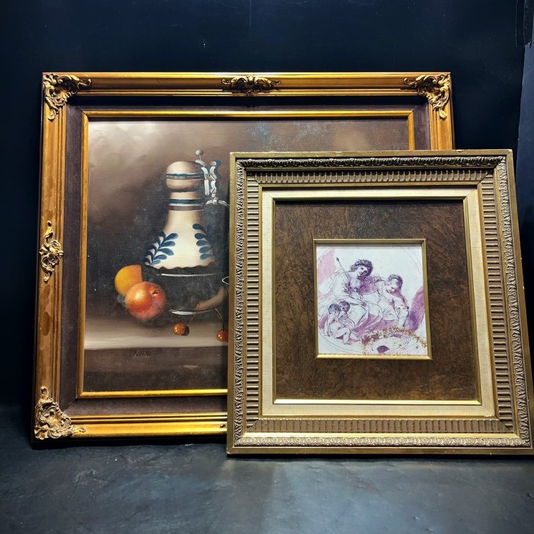 Framed Artworks: Still Life and Cherub Scene
