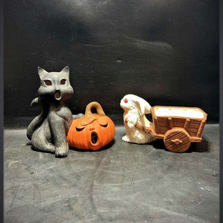 Cat and Pumpkin Halloween Light and Rabbit Cart Figurine
