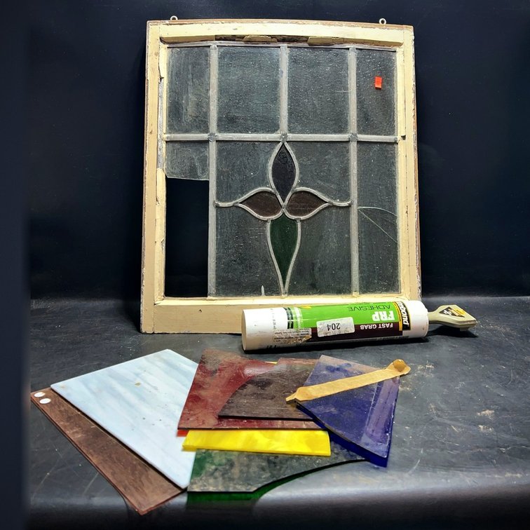 Leaded Glass Window Panel With Repair Materials