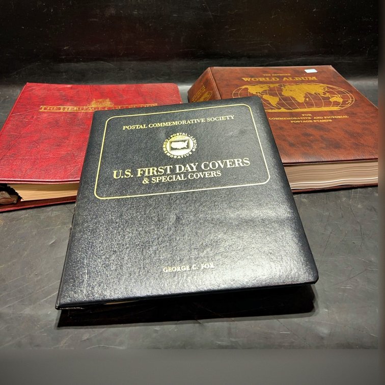 Three Stamp Collector Albums Including U.S. and World