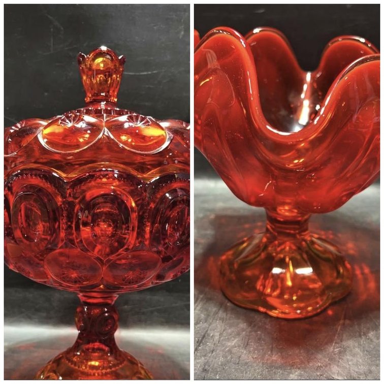 Amberina Glass Compote and Ruffled Dish Pair