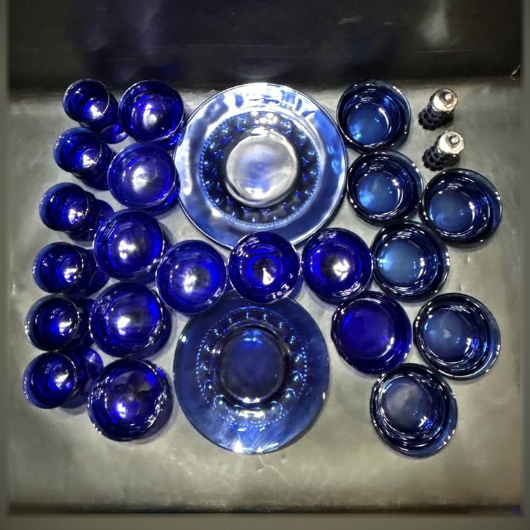 Cobalt Blue Glassware Set with Goblets, Cups, Bowls, and Plates