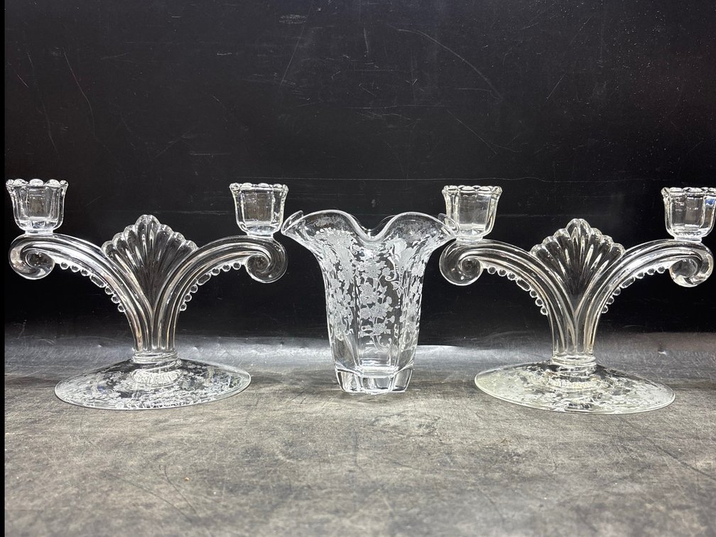 Etched Glass Candleholders and Vase Set