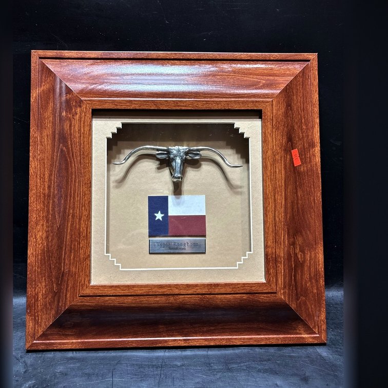 Kenneth Wyatt Framed Texas Flag and Longhorn 15x15