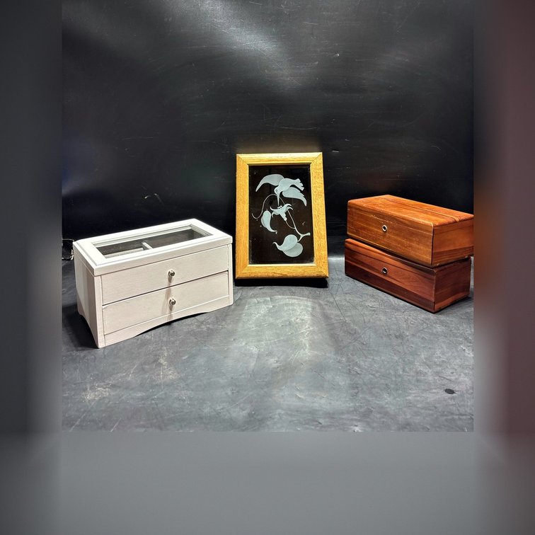 Two Lane Cedar Boxes, White Jewelry Box, and Framed Etched Glass