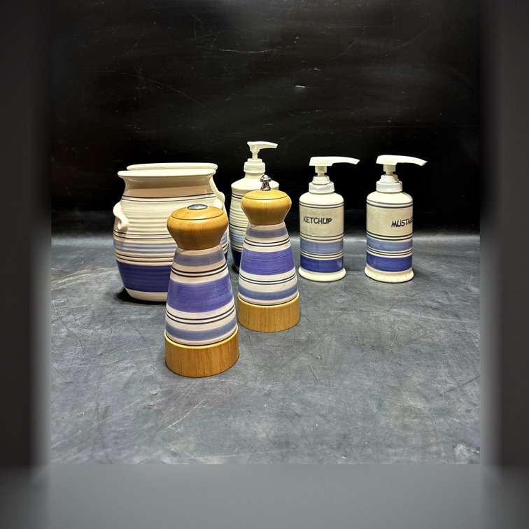 Striped Stoneware Kitchen Condiment and Grinder Set