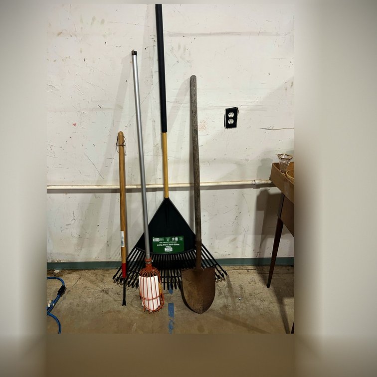 Garden Tool Lot with Leaf Rake, Shovel