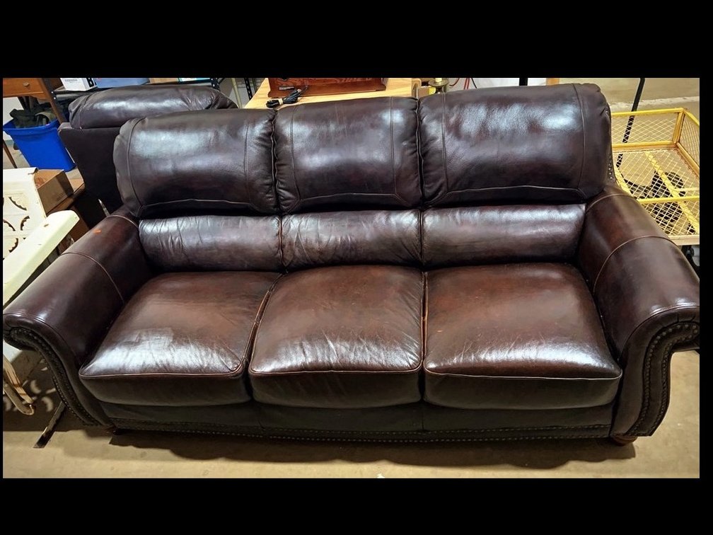 Brown Leather Three-Seat Sofa with Nailhead Trim