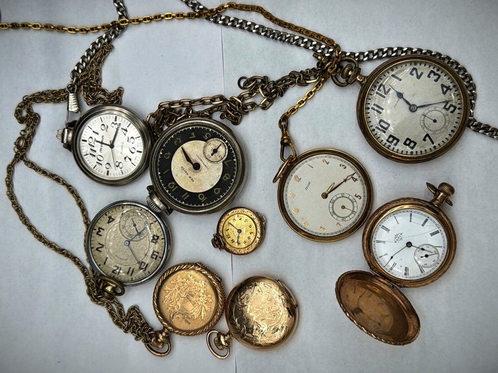8 Pocket Watches – Waltham, Elgin, Hamilton