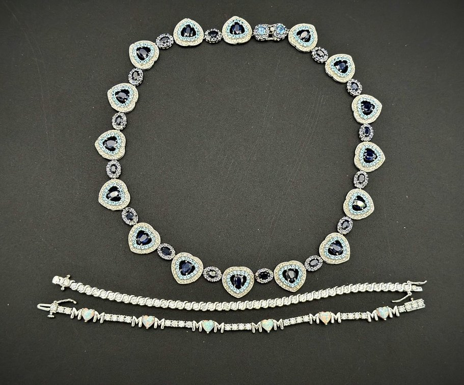 14K Gold-Filled Sapphire, CZ and Opal Necklace with 2 Bracelets