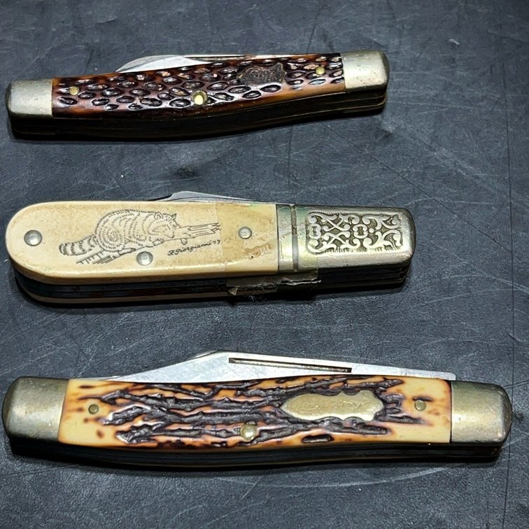 3 Schrade Pocket Knives, Stag & Etched Handles
