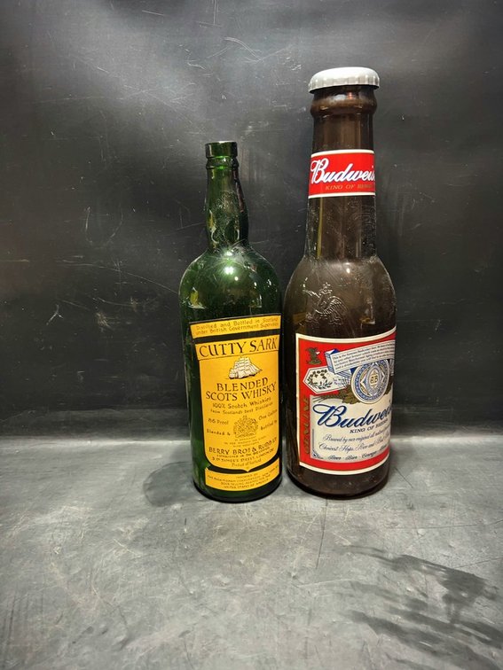 Cutty Sark and Budweiser Display Bottle Pair
