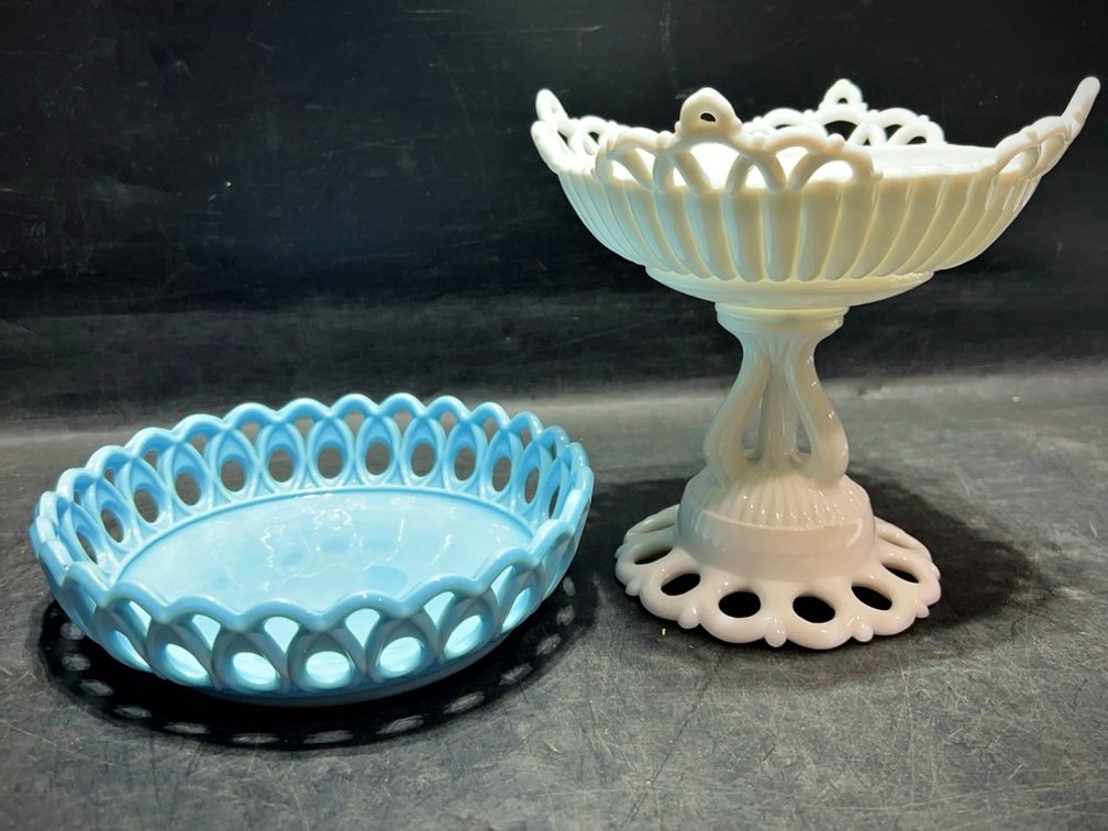Milk Glass Compote & Blue Lace Edge Dish Pair
