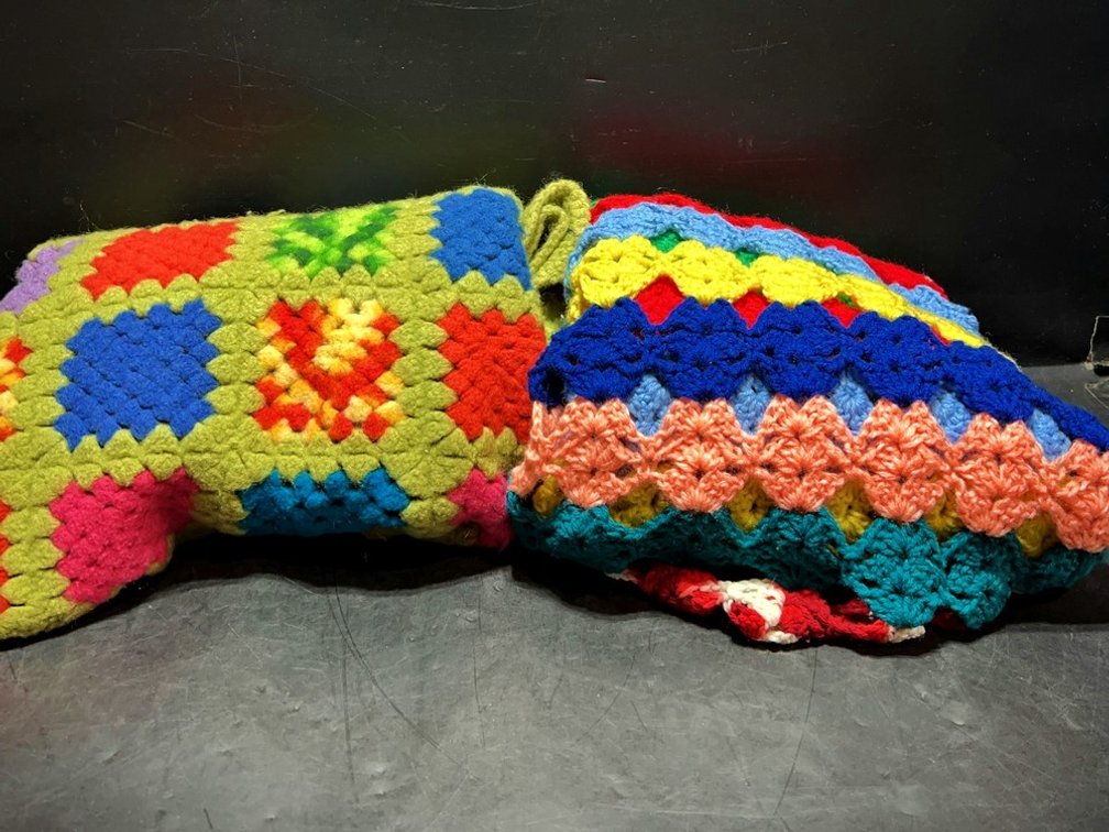 Two Multicolored Crochet Afghans, 37x52 & 52x60
