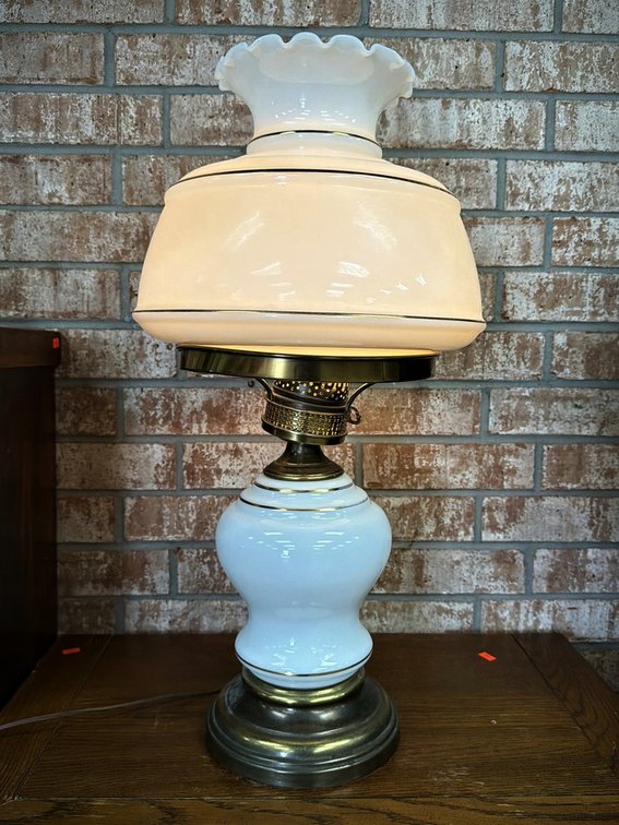 White Glass Hurricane Lamp With Brass Base