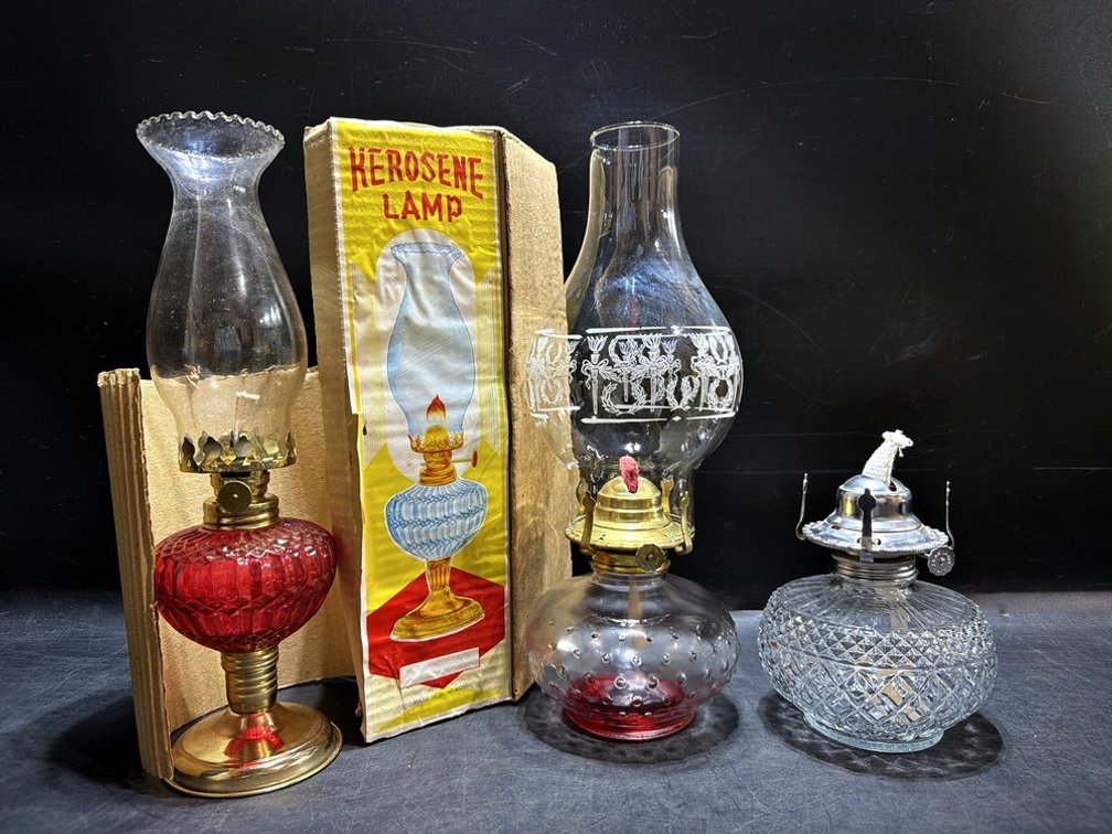 Three Glass Kerosene Oil Lamps With Box