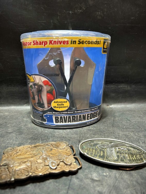 Bavarian Edge Sharpener & 2 Belt Buckles Lot