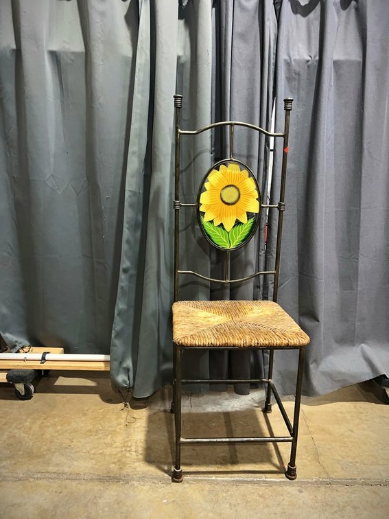 Metal Chair With Woven Seat and Sunflower Back