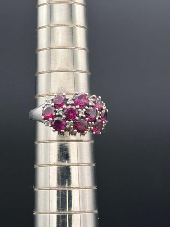 Sterling Silver Ring with Red Stones, Size 7
