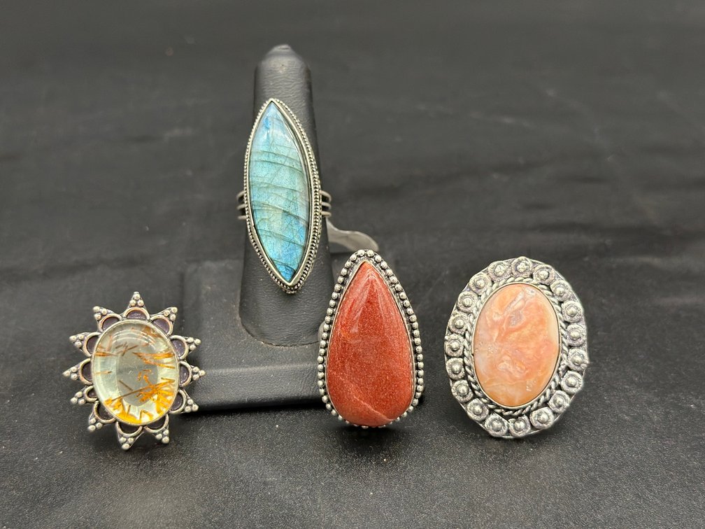 925 marked size 8 made in China Gemstone Ring Assortment, 4 Pcs