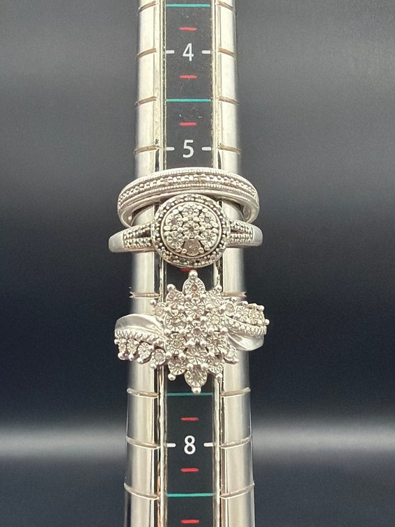 3 Sterling Silver Rings with Cluster Setting, Size 6-8