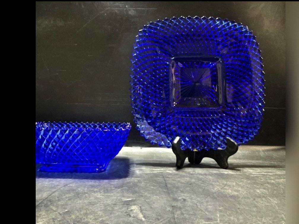 Cobalt Blue Pressed Glass 8” Bowl and 10” Plate