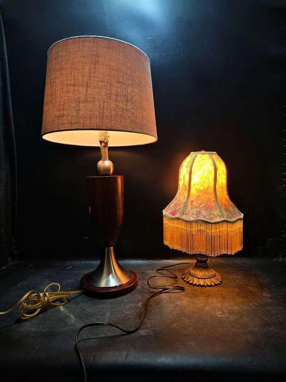 Pair Table Lamps, Modern and Fringe Fabric Shade