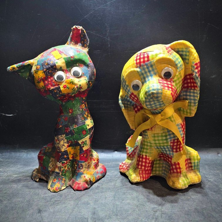 Patchwork Cat and Elephant Fabric Figurines