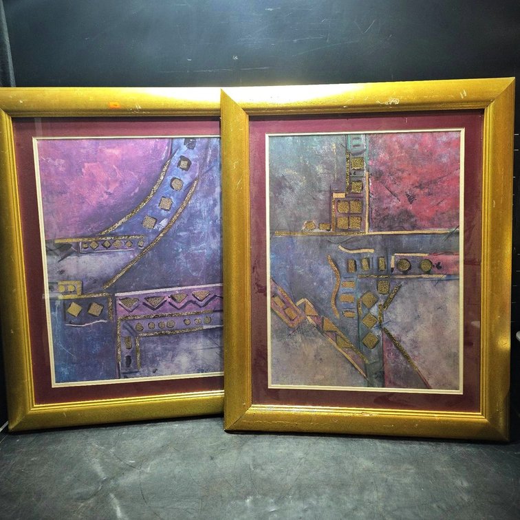 Pair Abstract Framed Artworks 25x31 Inches
