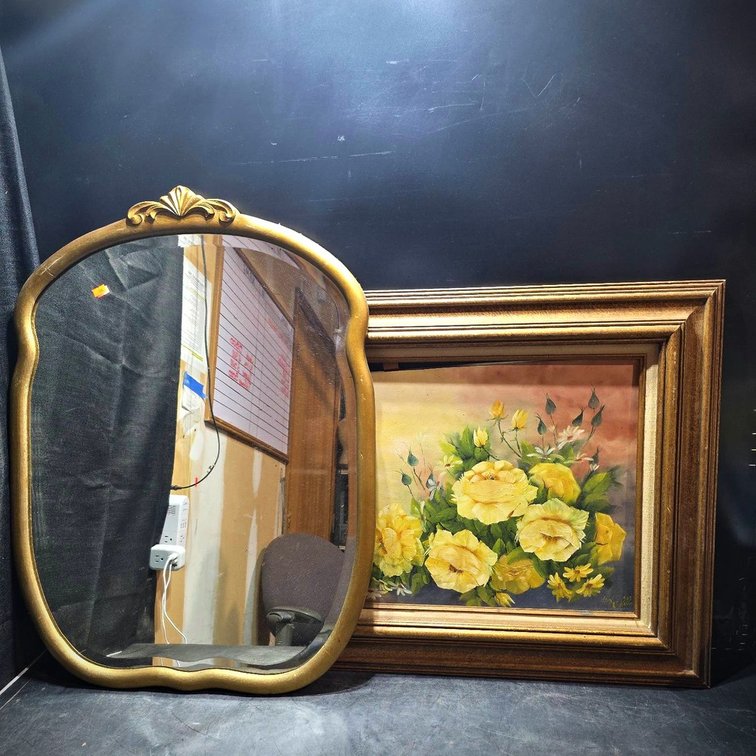 Framed Floral Oil Painting & 24x31 In. Mirror