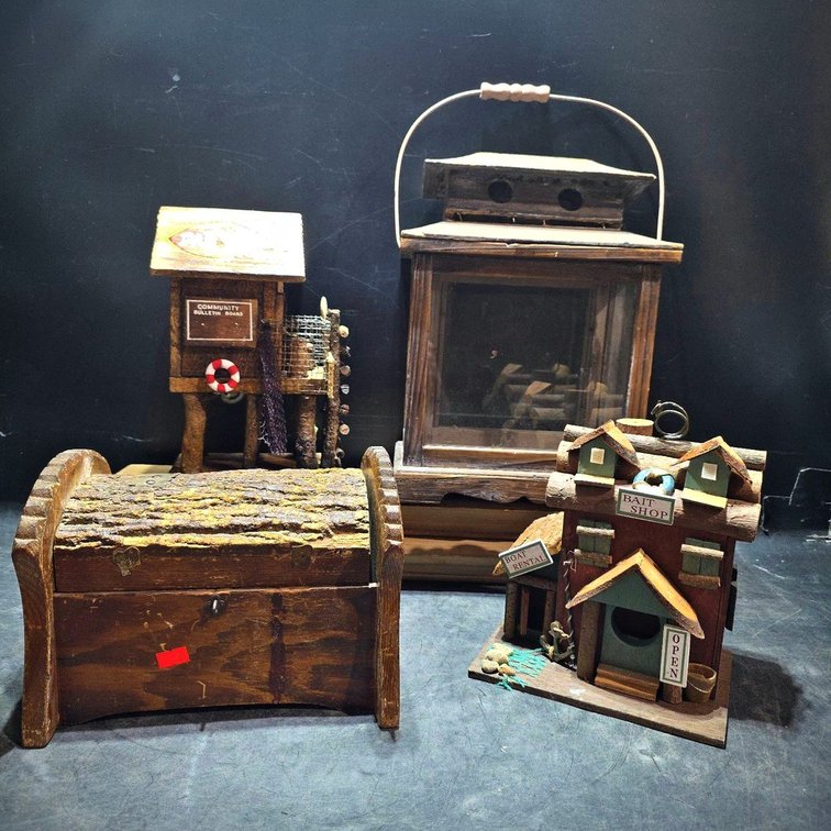 Wooden Miniature Birdhouses and Lantern Group
