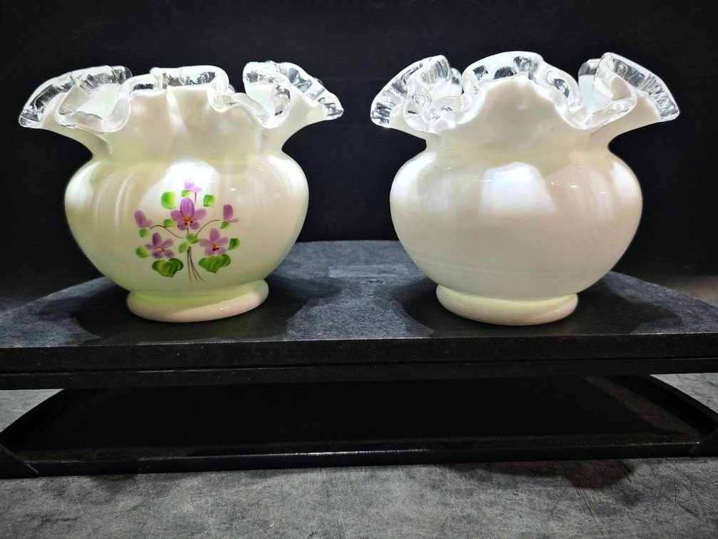 Fenton White Ruffled Glass Vases, 2pcs, Hand Painted