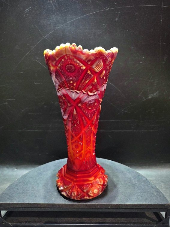 Red Marbled Carnival Glass Vase, 9 Inch Tall