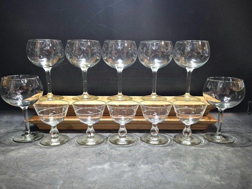 Etched Glass Set: 7 Tall, 5 Small Stemware