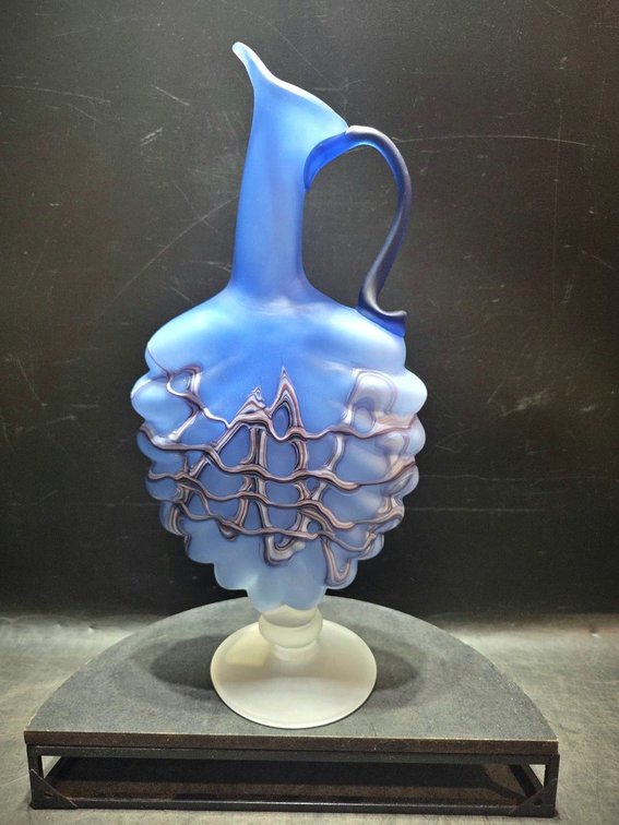 Art Glass Blue Satin Ruffled Ewer Vase 11 In.