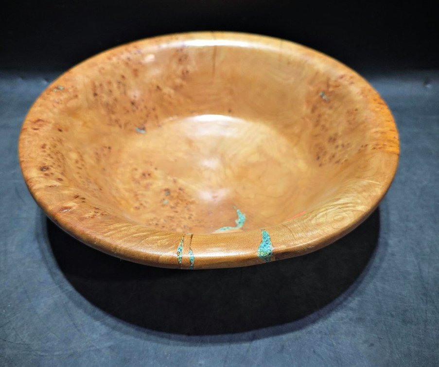 Handcrafted Burl Wood Bowl With Turquoise Inlay