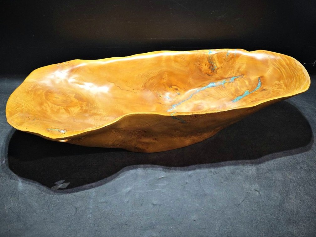 Handcrafted Burl Wood Bowl With Turquoise Inlay