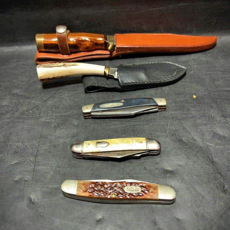 Five Hunting and Pocket Knives Assorted Brands