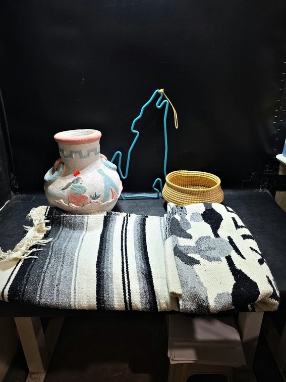 Southwest Decor Lot: Pottery, Basket, Blanket