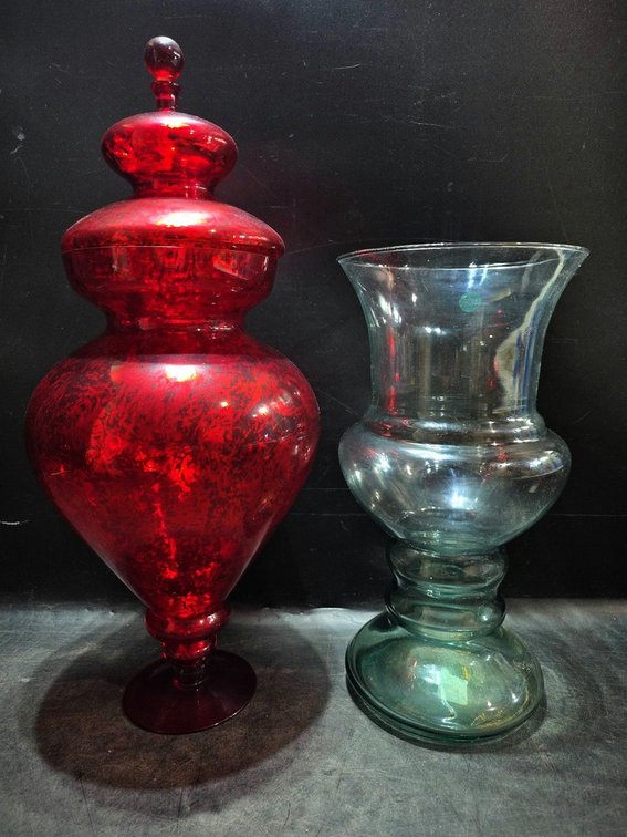 Large Red and Clear Glass Vases
