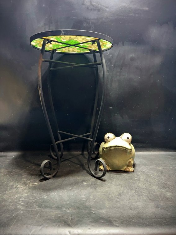 Mosaic Table With Iron Base and Frog Planter